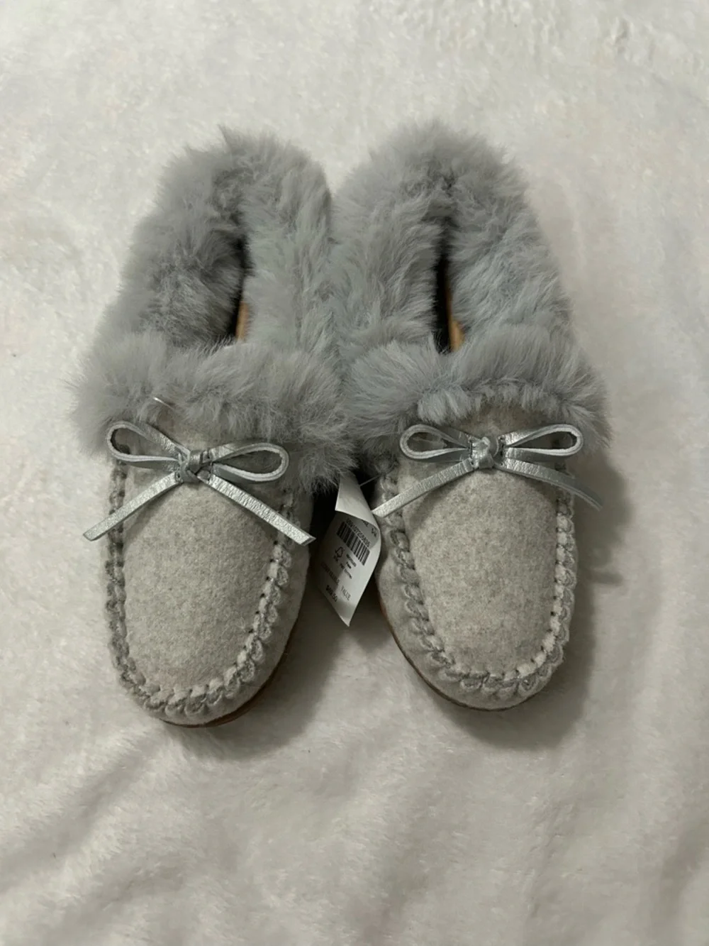 J. Crew Women’s sz 5 Gray Faux-Fur Moccasin Slippers NWT